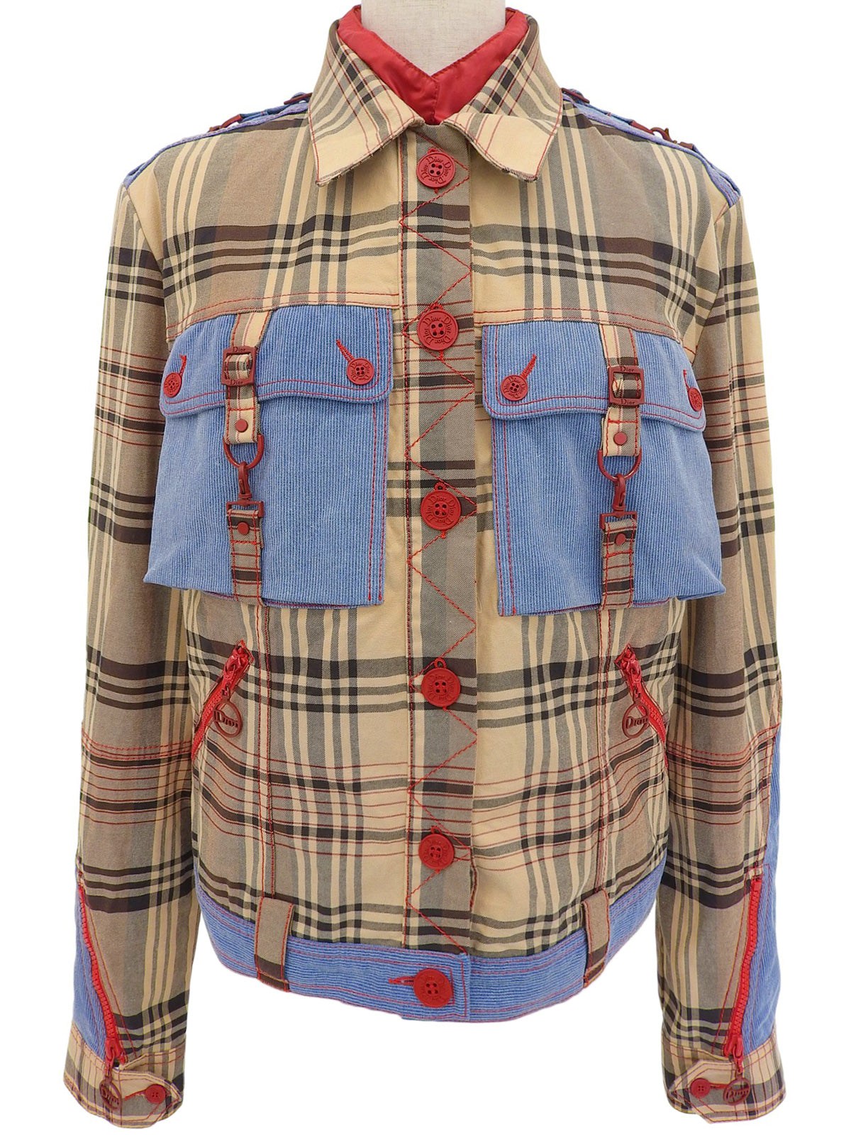 Check Pattern Layered Motif Jacket in Beige/Blue