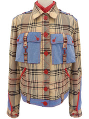 Check Pattern Layered Motif Jacket in Beige/Blue