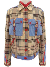 Check Pattern Layered Motif Jacket in Beige/Blue