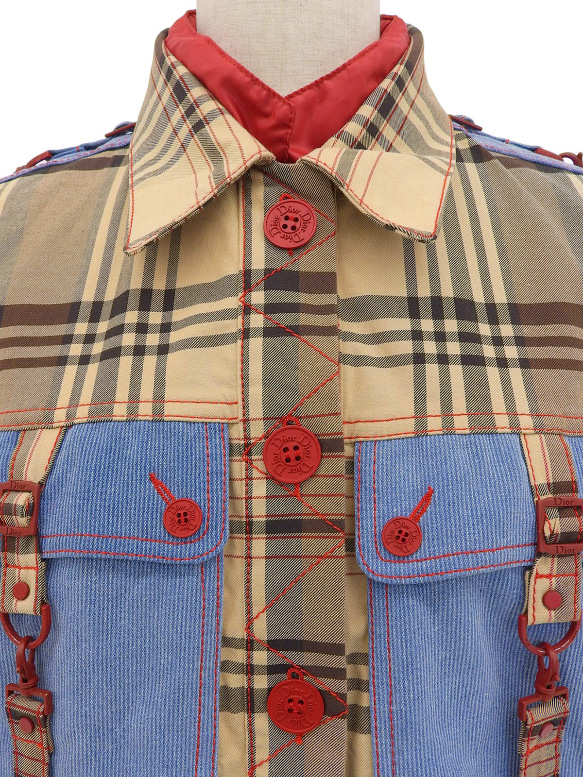 Check Pattern Layered Motif Jacket in Beige/Blue