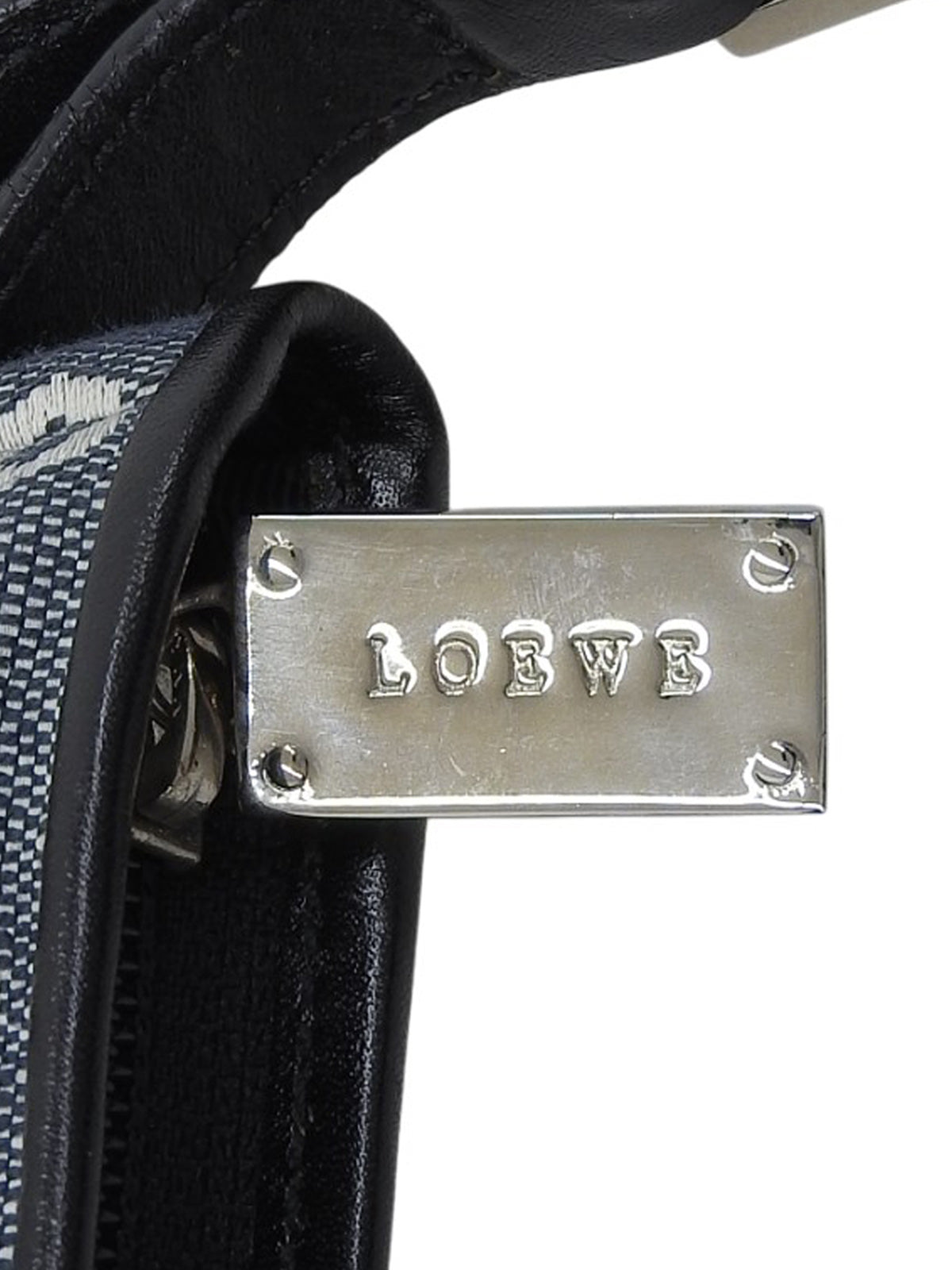 黑色/海军蓝帆布和皮革组合图案手提包