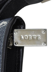 黑色/海军蓝帆布和皮革组合图案手提包