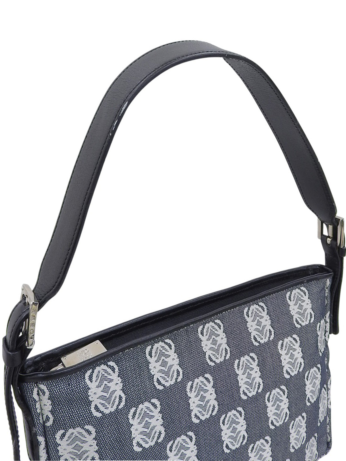 黑色/海军蓝帆布和皮革组合图案手提包