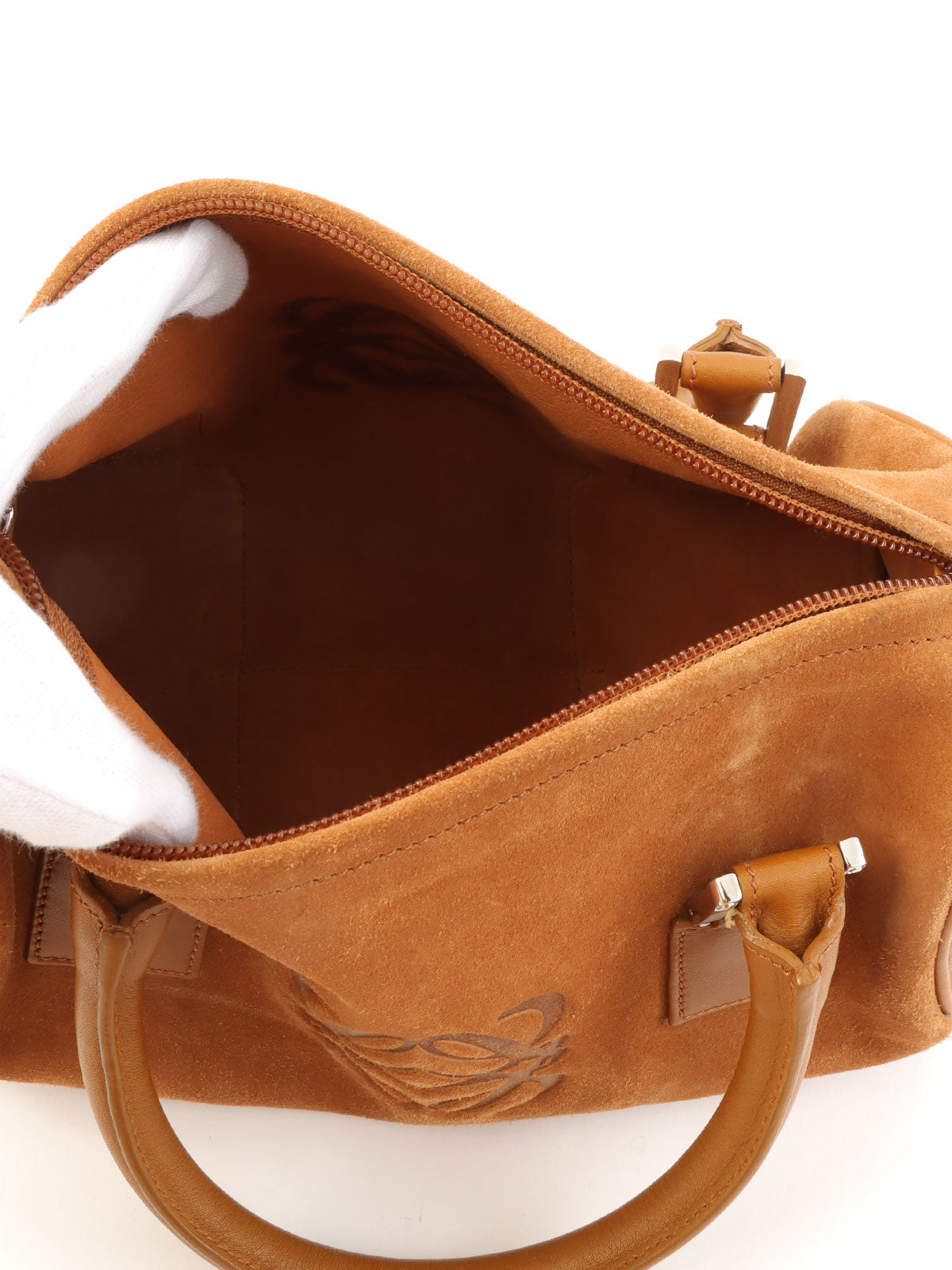 スエードアナグラムアマソナハンドバッグ キャメル