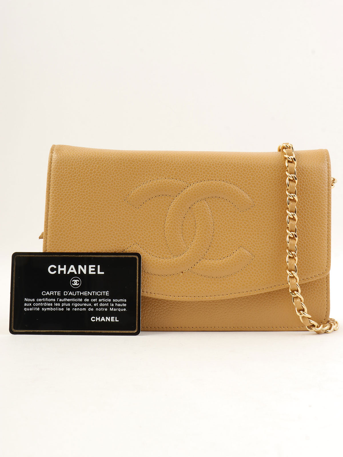 2005 Caviar Skin CC Mark Stitch Chain Wallet, Beige