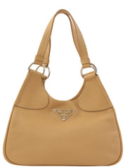 Beige leather logo plate handbag