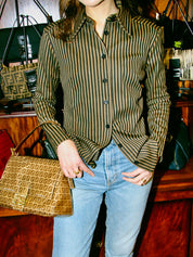 条纹图案Logo纽扣衬衫，棕/黑色