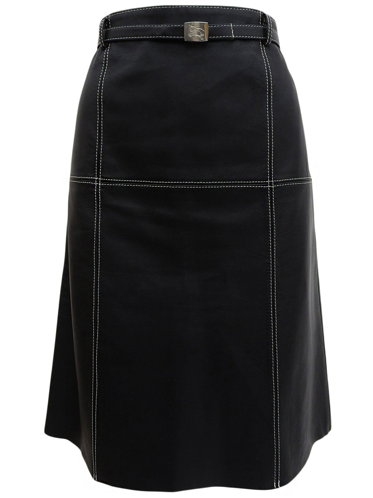 Real Leather Design Stitch Logo Belt Skirt in Black