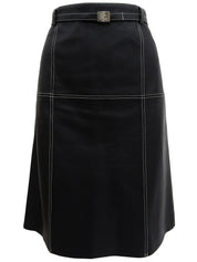 Real Leather Design Stitch Logo Belt Skirt in Black