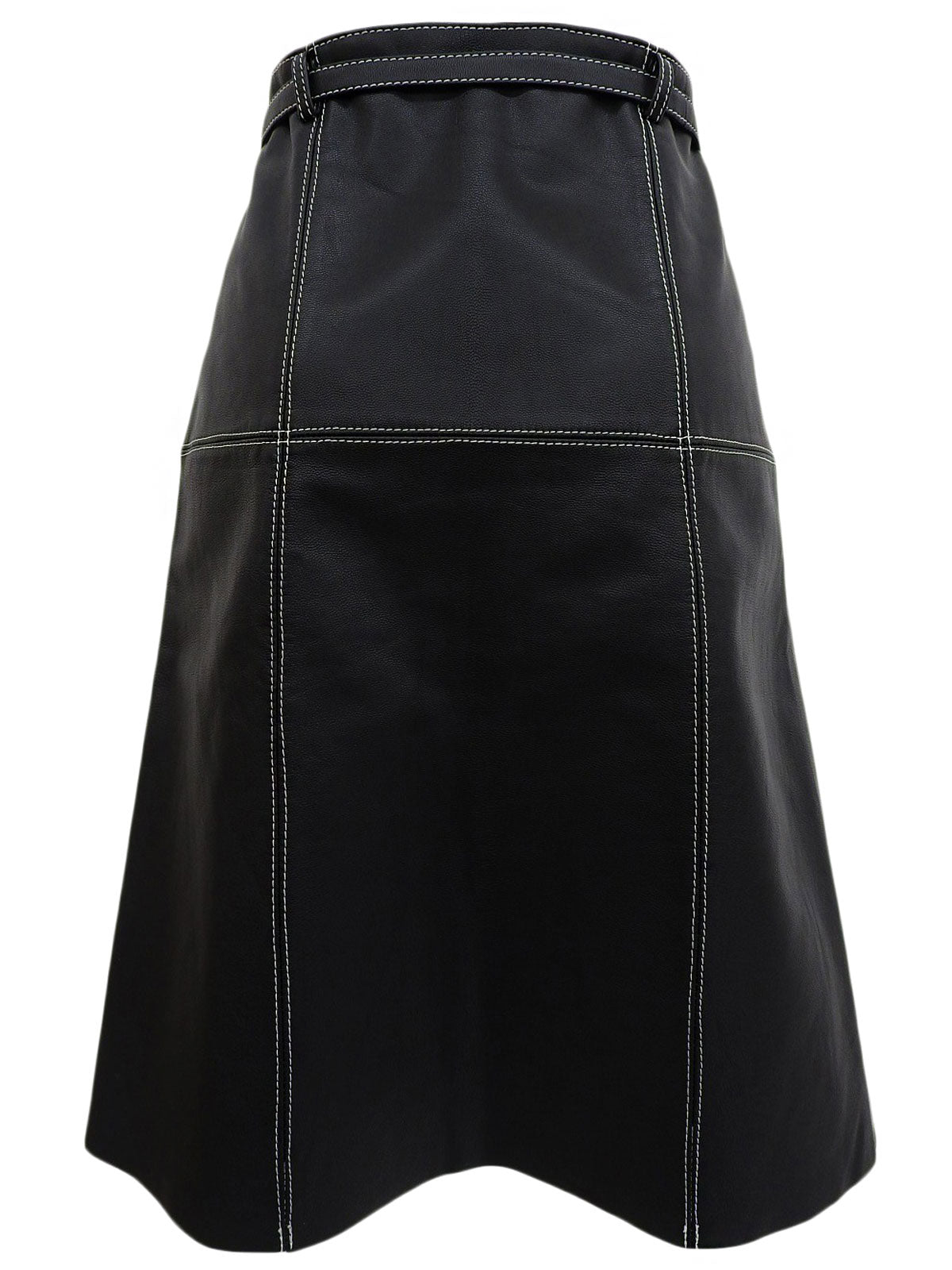 Real Leather Design Stitch Logo Belt Skirt in Black