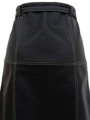 Real Leather Design Stitch Logo Belt Skirt in Black