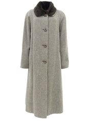 Herringbone Pattern Fur Collar Long Coat Gray/Ivory