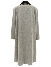 Herringbone Pattern Fur Collar Long Coat Gray/Ivory
