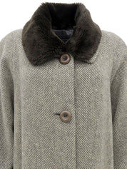 Herringbone Pattern Fur Collar Long Coat Gray/Ivory