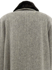 Herringbone Pattern Fur Collar Long Coat Gray/Ivory
