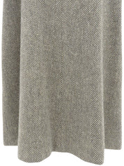 Herringbone Pattern Fur Collar Long Coat Gray/Ivory