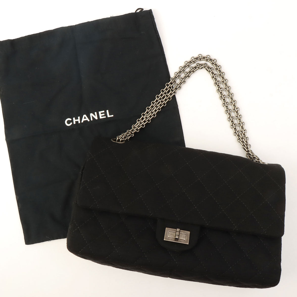 circa 2009 Cotton Double Flap 2.55 Chain Shoulder Bag Black