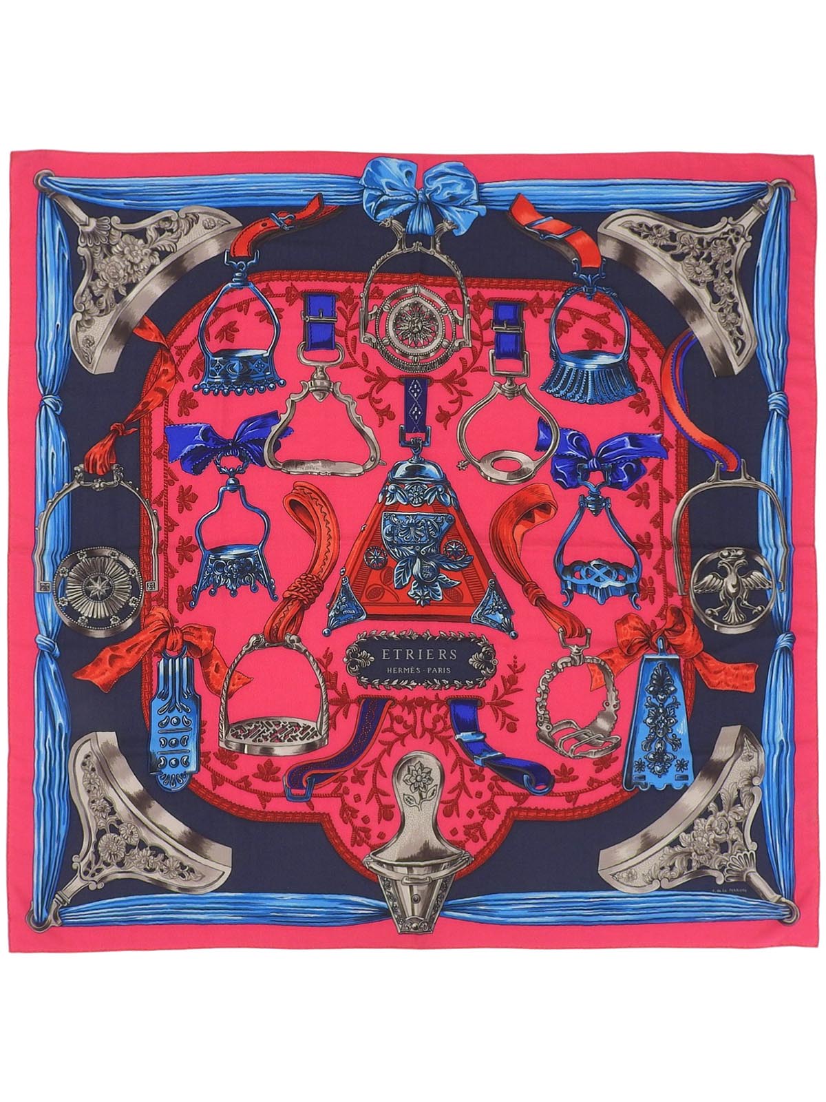 Carré Geant 140 Etriers Pattern Scarf Pink/Blue