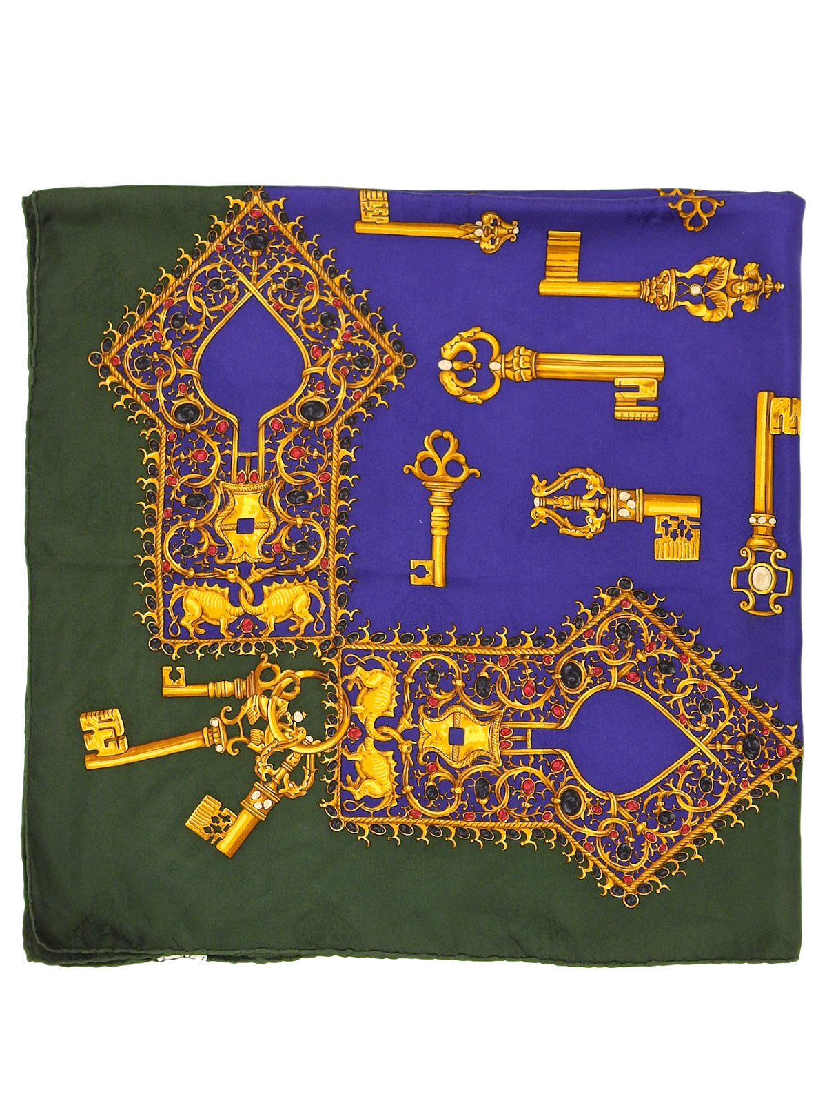 シルクキーデザインパターンスカーフ グリーン/ブルー/マルチ