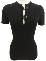 黑色腰带设计Logo扣短袖针织上衣