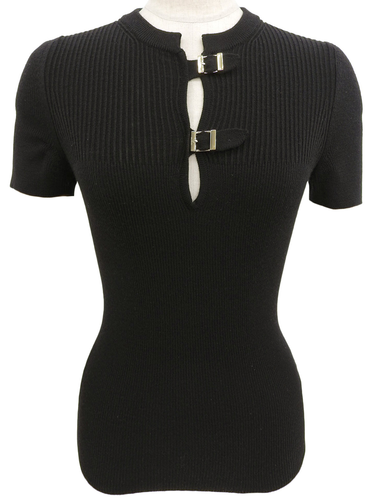 Belt Design Logo Buckle Short Sleeve Knit Top in Black
