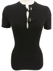 Belt Design Logo Buckle Short Sleeve Knit Top in Black