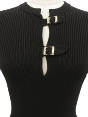 Belt Design Logo Buckle Short Sleeve Knit Top in Black