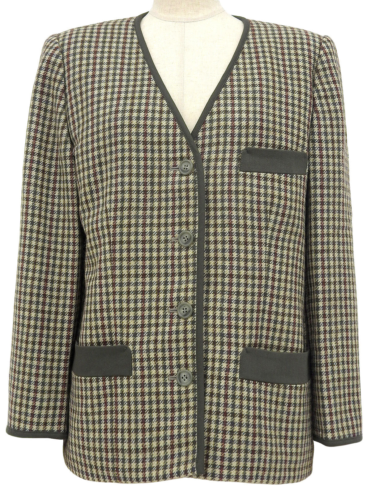 Check pattern collarless jacket in beige/green/multi