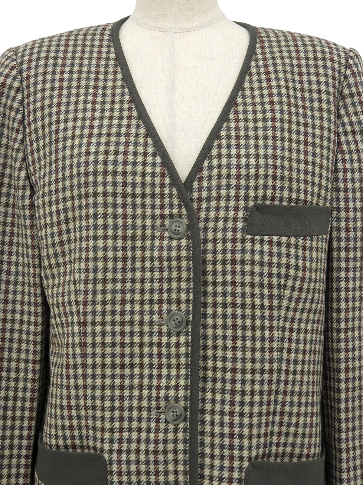 Check pattern collarless jacket in beige/green/multi