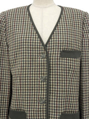 Check pattern collarless jacket in beige/green/multi