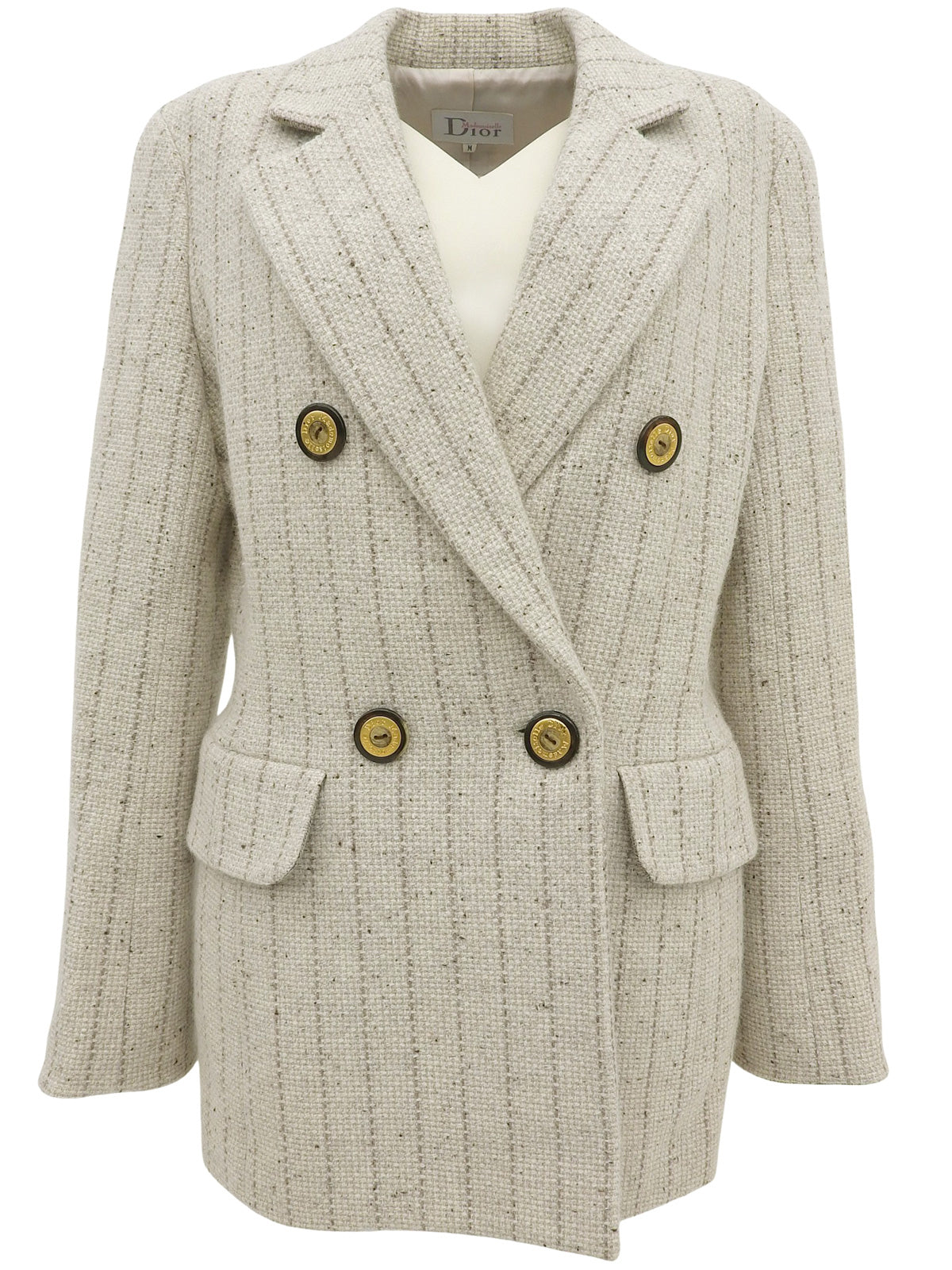 Striped pattern logo button double-breasted jacket in ivory