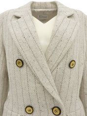 Striped pattern logo button double-breasted jacket in ivory