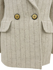 Striped pattern logo button double-breasted jacket in ivory
