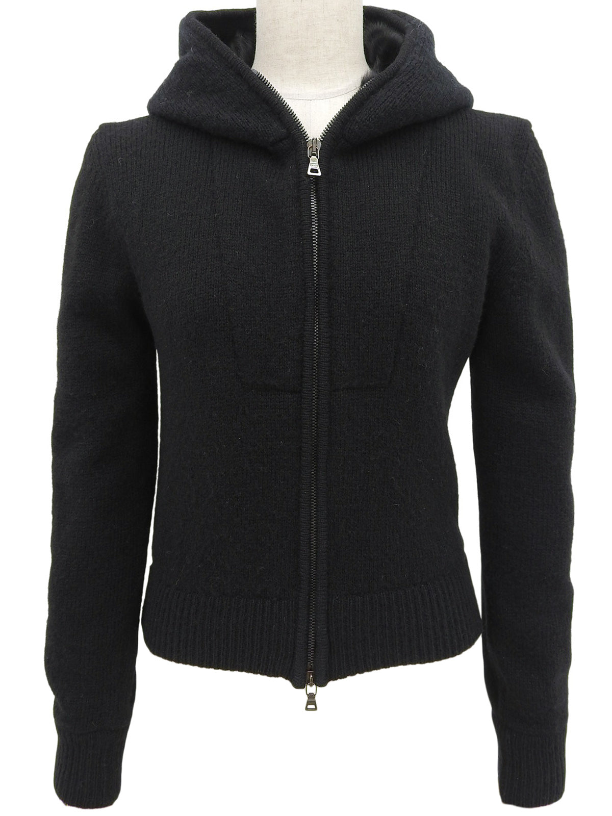 Fur Knit Logo Zip-Up Hoodie in Black