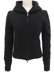 Fur Knit Logo Zip-Up Hoodie in Black