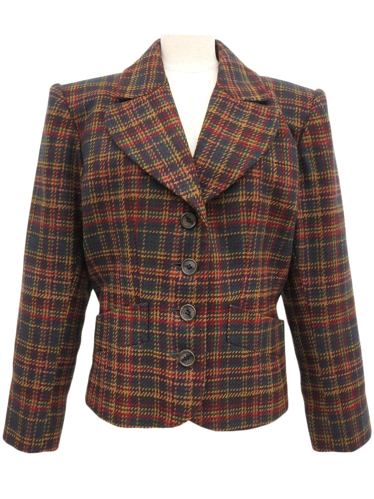 チェックパターンウッドボタンジャケット グリーン/マルチ