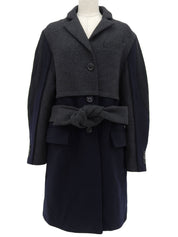 Wool logo button design long coat in gray/navy