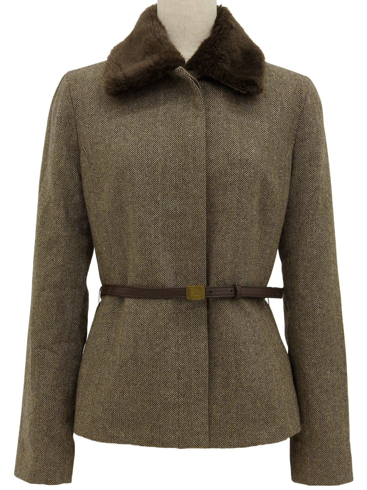 Fur collar waist belted jacket brown