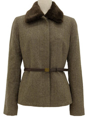 Fur collar waist belted jacket brown