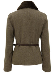 Fur collar waist belted jacket brown