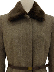 Fur collar waist belted jacket brown