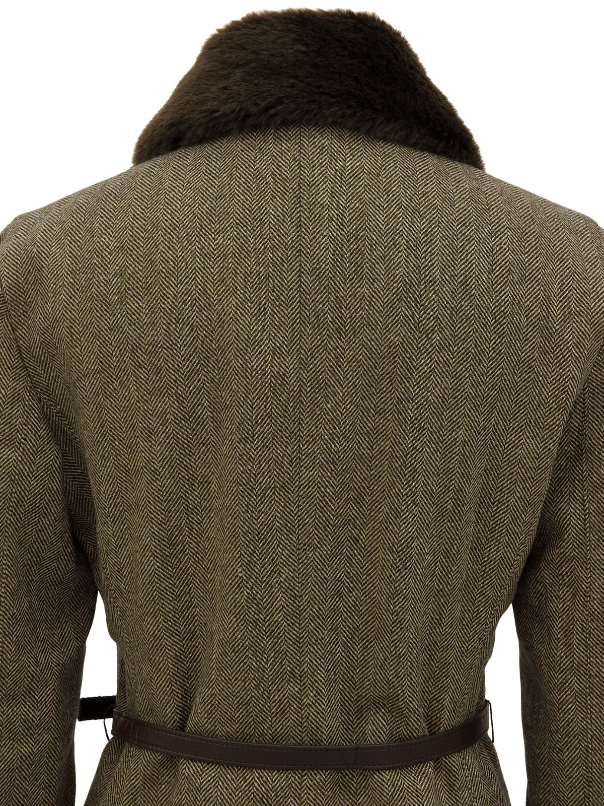 Fur collar waist belted jacket brown