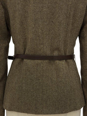 Fur collar waist belted jacket brown