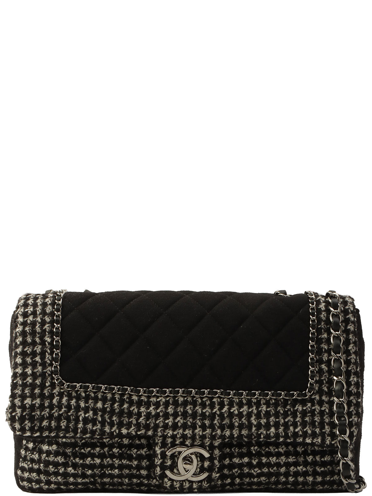 2014-era Cotton Tweed Combo CC Turnlock Chain Shoulder Bag Black/Gray