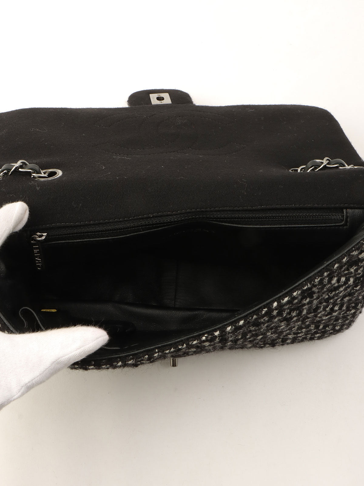 2014-era Cotton Tweed Combo CC Turnlock Chain Shoulder Bag Black/Gray