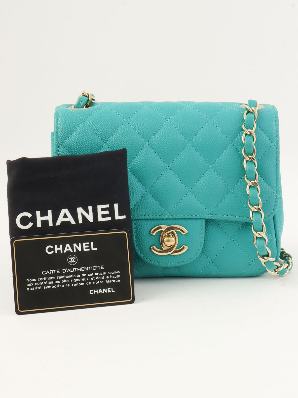 2016年頃製 キャビアスキンクラシックフラップチェーンバッグミニ ターコイズ
