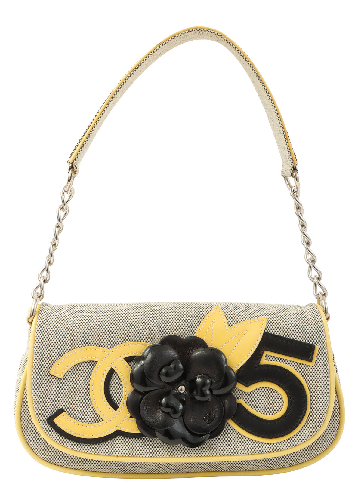 2005年頃製 キャンバスカメリアCCマークチェーンハンドバッグ グレー/イエロー