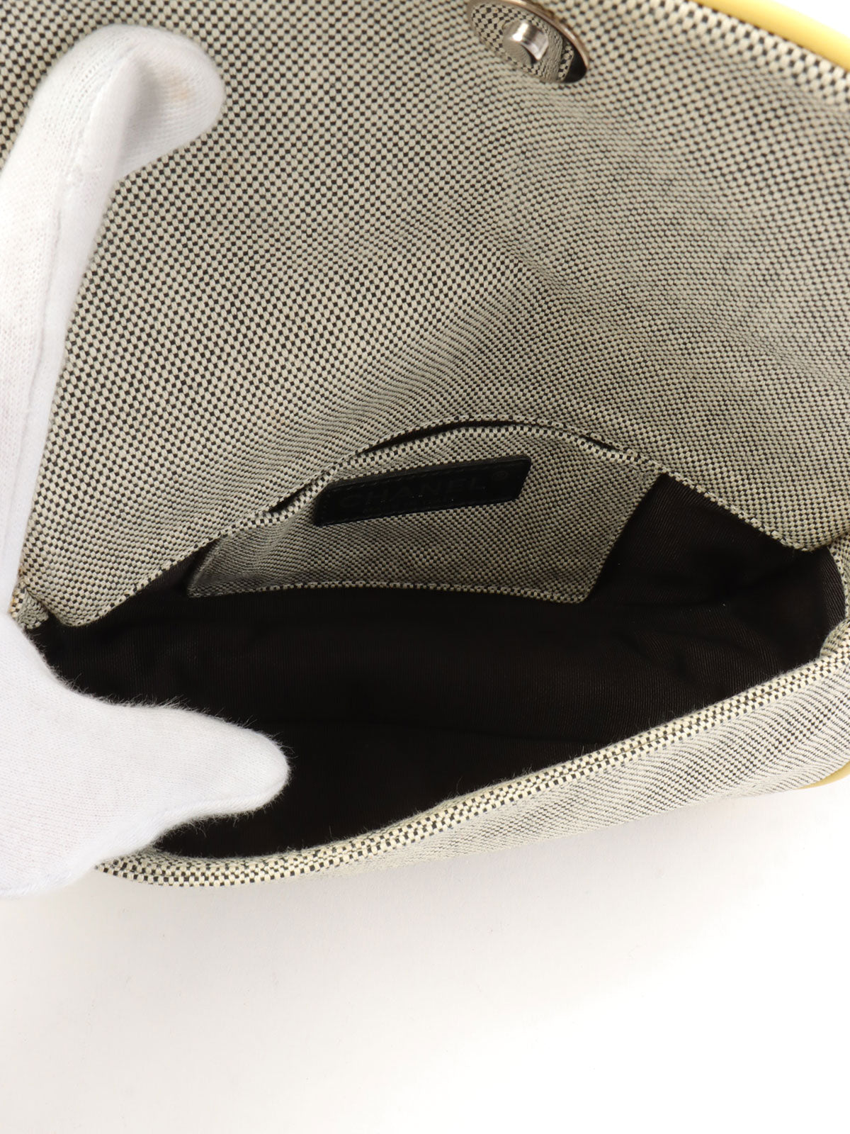 2005年頃製 キャンバスカメリアCCマークチェーンハンドバッグ グレー/イエロー