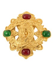 1994 Gripoix Design Cutout CC Mark Brooch in Gold/Green/Red