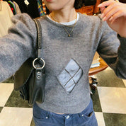 Argyle Sheer Design Puff Shoulder Knit Top #S-Gray